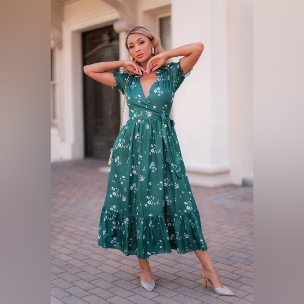 JessaKae Lorelei Dress - Emerald Green Floral Wrap Midi Dress - Picture 2 of 5